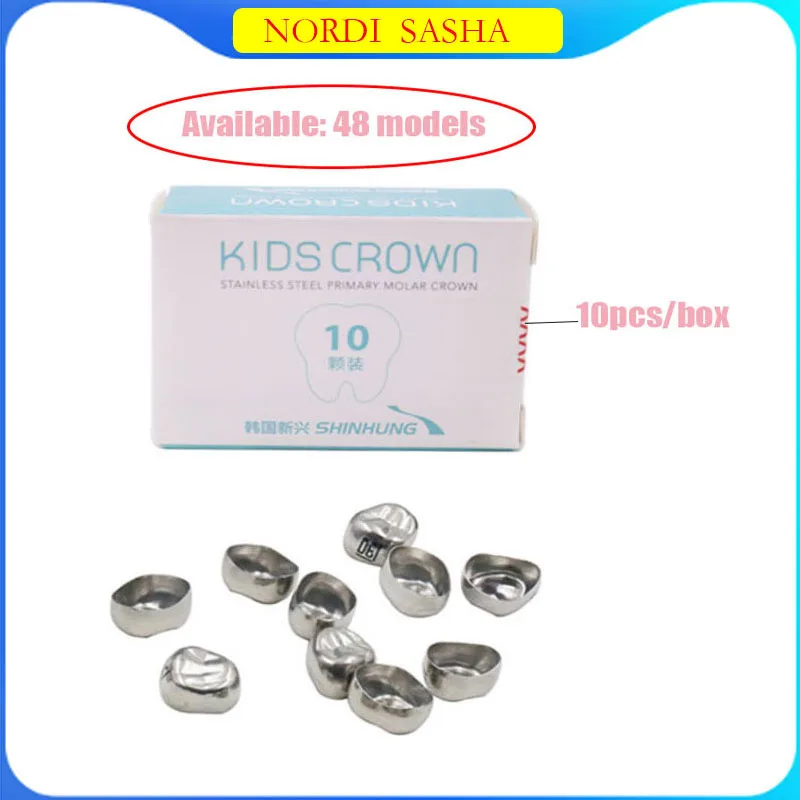 

10Pcs/Box Dental Kids Primary Molar Crown Refill Stainless Steel Pediatric Crowns Upper/Lower Right Left D2D7/E2E7 1st 2nd Molar