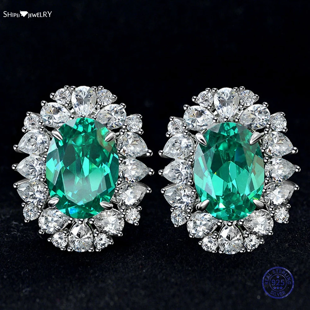 

Shipei Luxury 925 Sterling Silver Oval Cut 9*11MM Created Moissanite Paraiba Tourmaline Gemstone Ear Studs Earrings Fine Jewelry