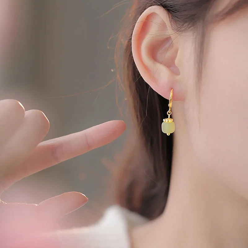 

VENTFILLE 925 Stamp Gold Color Hetian Jade Earrings for Women Girls Gift Retro Literature And Art Jewelry Dropshipping Wholesale