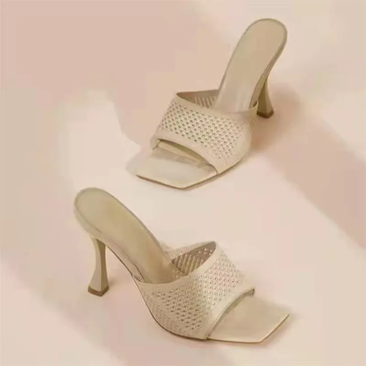 

Stiletto High Heels Flying Woven Sandals 2022 Summer New Women's Shoes One Word Square Toe Beach Fashion Women's Shoe Large Size
