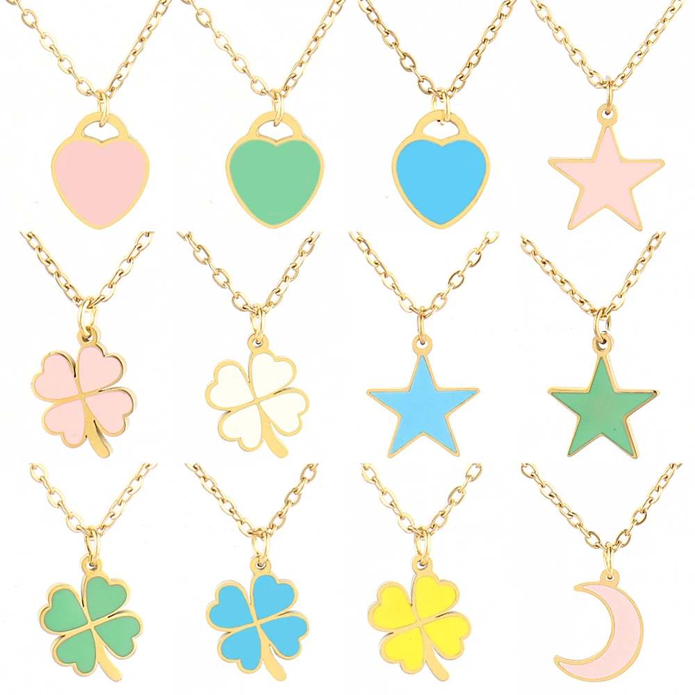 

Fashion Stainless Steel Necklace For Women Star Moon Necklaces Enamel Colour Heart Pendant Necklace Charm Jewelry Gift Wholesale