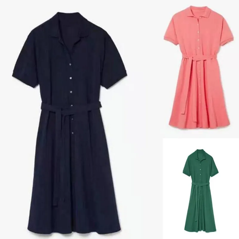 

2022 Summer New Collection Fashion Tie Waist Slim Crocodile Polo Dress, Solid Color, Square Neck, Belt, Short Sleeves