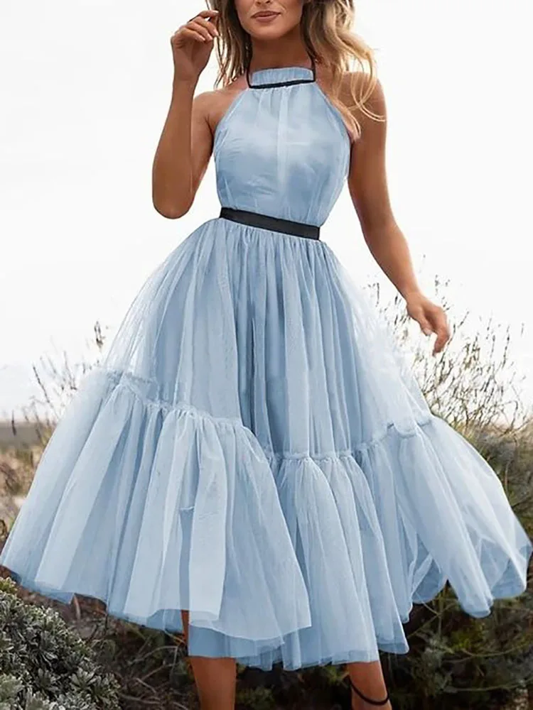 

2022 Summer Causal Sleeveless Loose Ladies Dress Women Elegant Solid Lace Club Dress Female Sexy Halter Backless Party Dresses