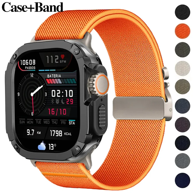 2-in-1 Case+Strap for Apple Watch Ultra 2 49mm 46mm 45mm 41mm 44mm 42mm Nylon Band PC Bumper Cover For IWatch 10 9 8 7 6 SE 5 4
