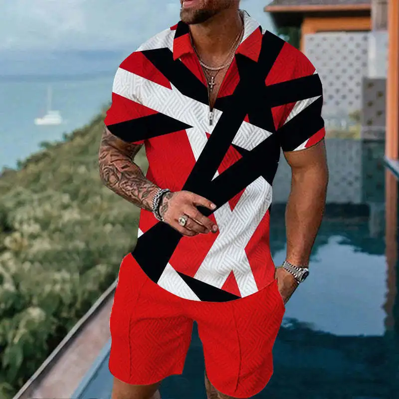 Luxury Tracksuit Man Polo Shirt 2 Piece Outfits Fashion Business Summer Lapel Zipper Short Sleeves Casual Street Pant Suit