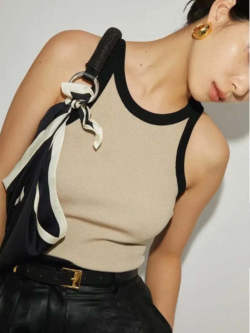 

New Women O-Neck Suspenders Tank Top Lady Sleeveless Contrasting Color Classic Bottoming Vest Camis Female All-Match Camisole