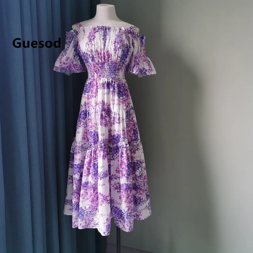 

Платье Guesod женское ТРАПЕЦИЕВИДНОЕ из хлопка, с цветочным принтом, с открытыми плечами и зауженной талией, из 2022 поплина