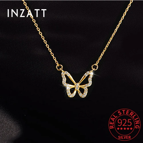 

INZATT Light Luxury 925 Sterling Silver Hollow Zircon Butterfly Pendant Choker Necklace Female Cute Temperament Fine Jewelry