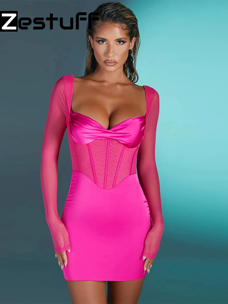 

Zestuff Spring 2022 Womens Fashion Square Neck Mesh&Satin Corset Mini Dress Party Long Sleeve Outfits Lined Tight Sexy Dress