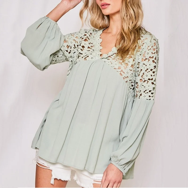 

Женская Кружевная футболка с V-образным вырезом, с рукавами-фонариками