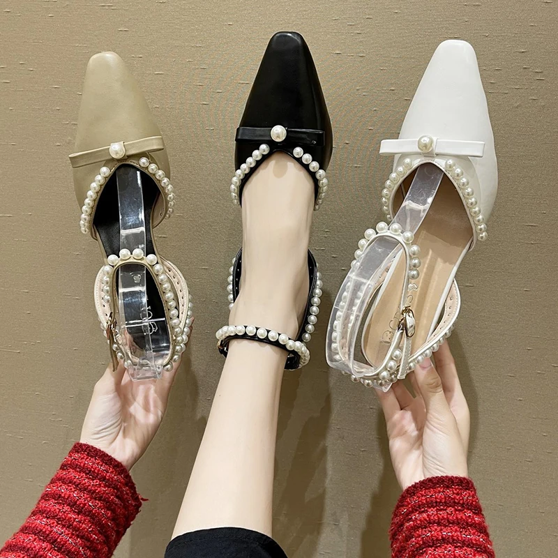 

Buckle Comfort Shoes for Women Closed Toe Sandals 2022 Summer Clear Heels Suit Female Beige Shallow Mouth Strap New Black Girls