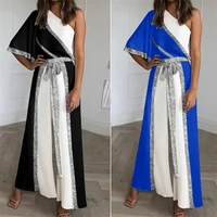 2022 womens new fashion solid color diagonal collar one piece wide leg pants