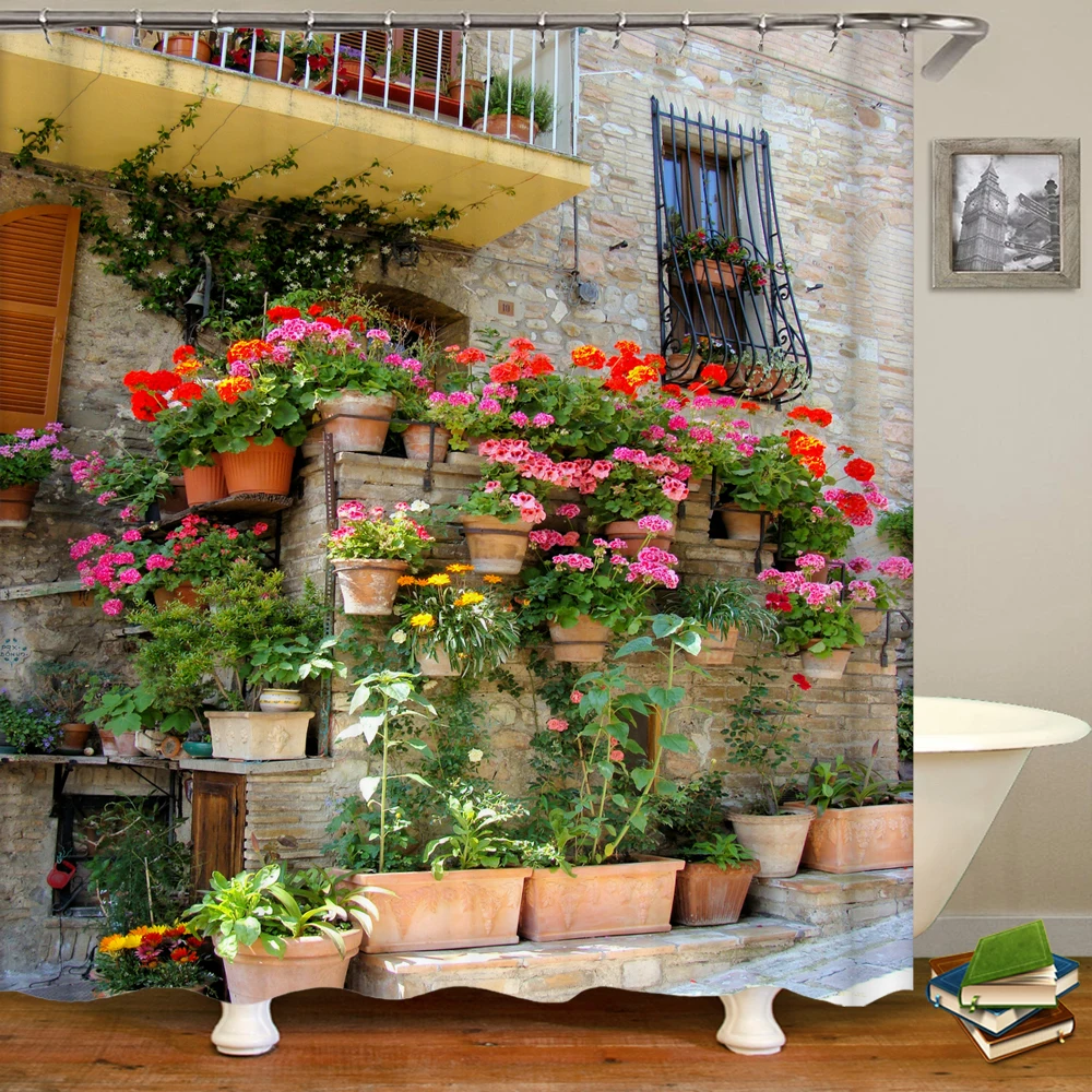 

Европейская Архитектура, занавеска для душа в стиле старой улицы, ретро, деревенские, зеленые растения, красочные цветы, природный пейзаж, з...