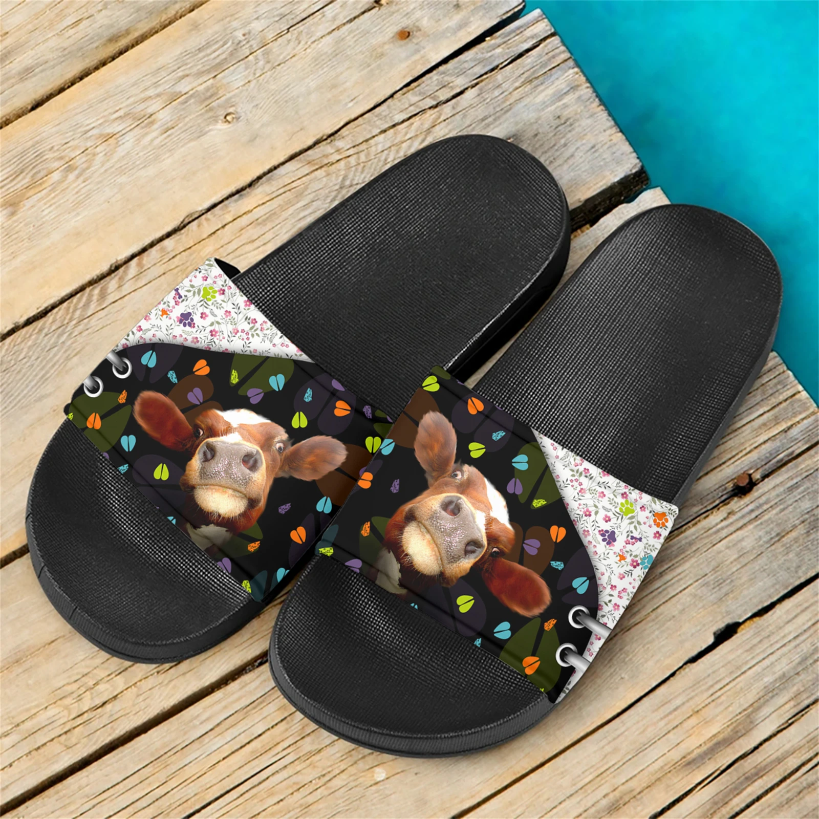 Шлепанцы женские домашние Нескользящие сандалии с принтом коровы дышащие легкие