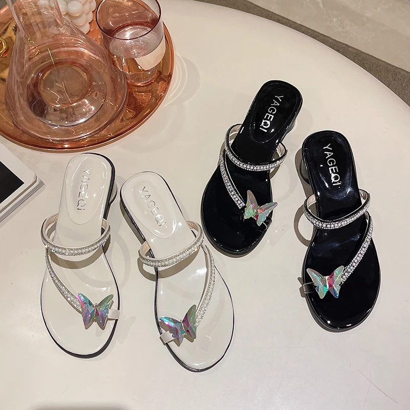 

French Thick-heeled Rhinestone Set-toe Sandals and Slippers Women's Shoes Summer 2022 Wear Middle-heeled Niche Women's Sandals