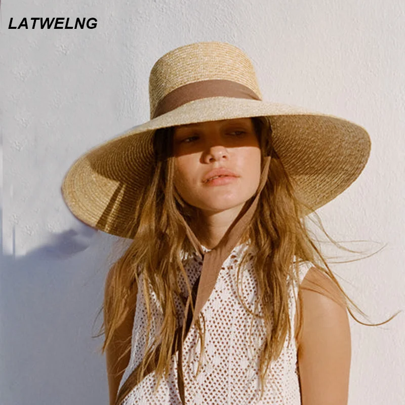 

2023 New Wide Brim Beach Hats With Neck Tie For Women Large UV Protection Sun Hats Summer Big Brim Wheat Straw Hats Wholesale