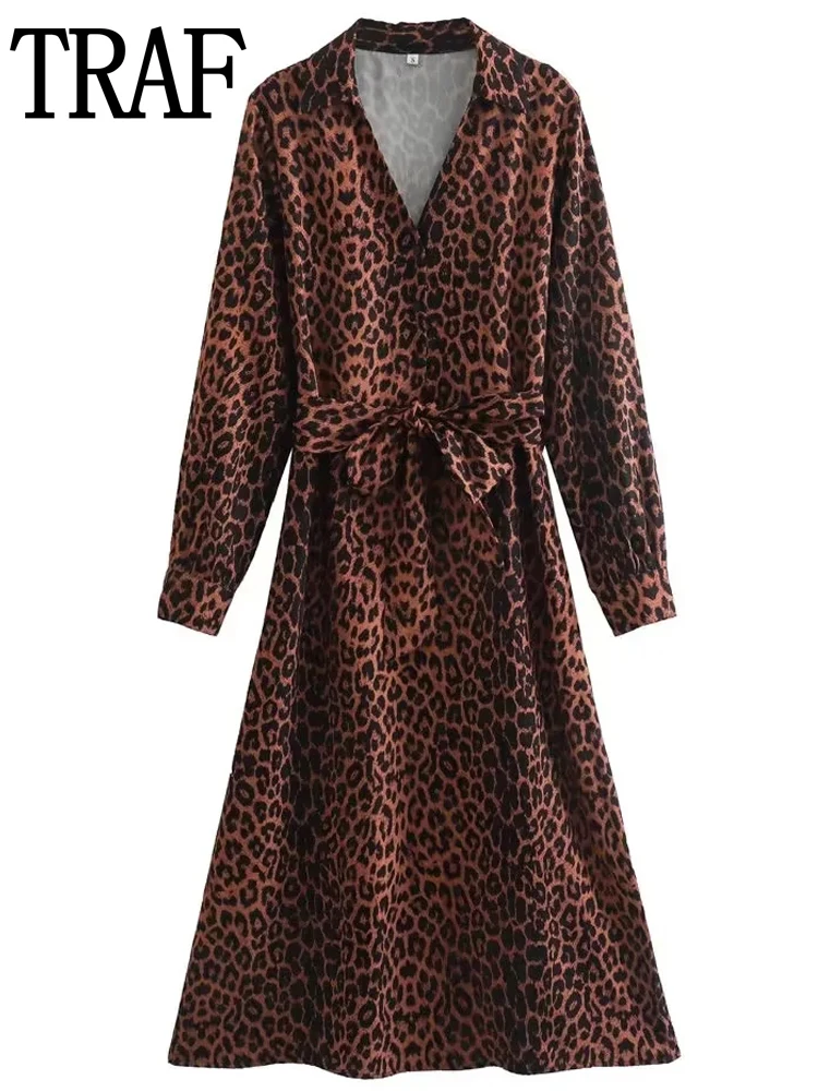 

TRAF Vintage Print Long Dress Women Leopard Shirt Dress Woman Long Sleeve Dresses Autumn Winter 2023 Casual Women's Dresses