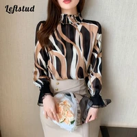 striped vintage print chiffon womens blouse shirt 2022 lace flared sleeve stand collar pleated light chiffon shirt blouses top