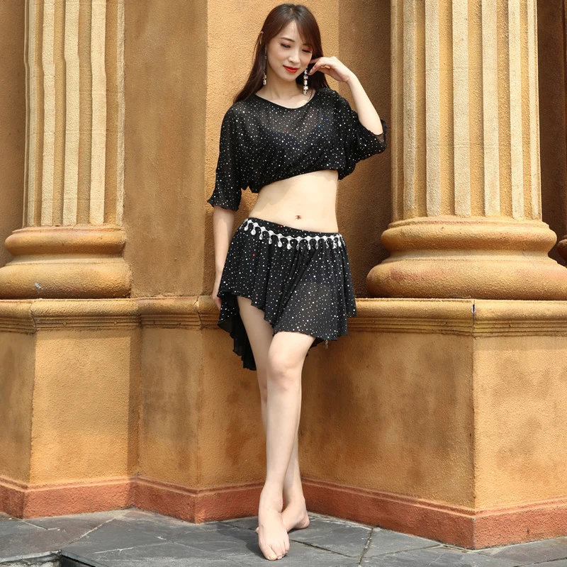 

Женский костюм для танца живота, костюм из двух предметов с блестками, топ и короткая юбка, 2019