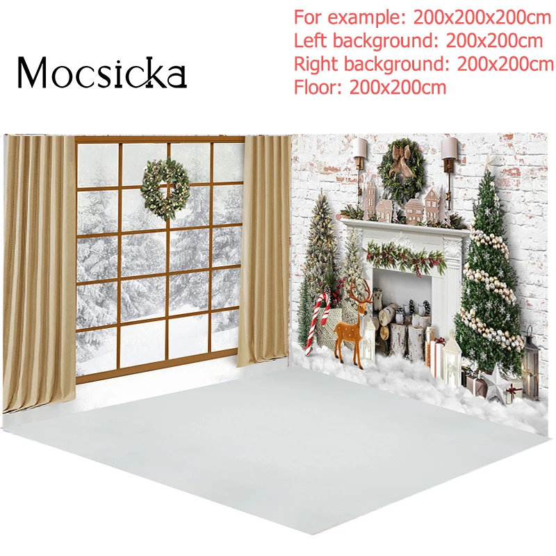 

Mocsicka Winter Christmas Background Child Portrait Snow Scene Window Fireplace Three In One Studio Photography Background