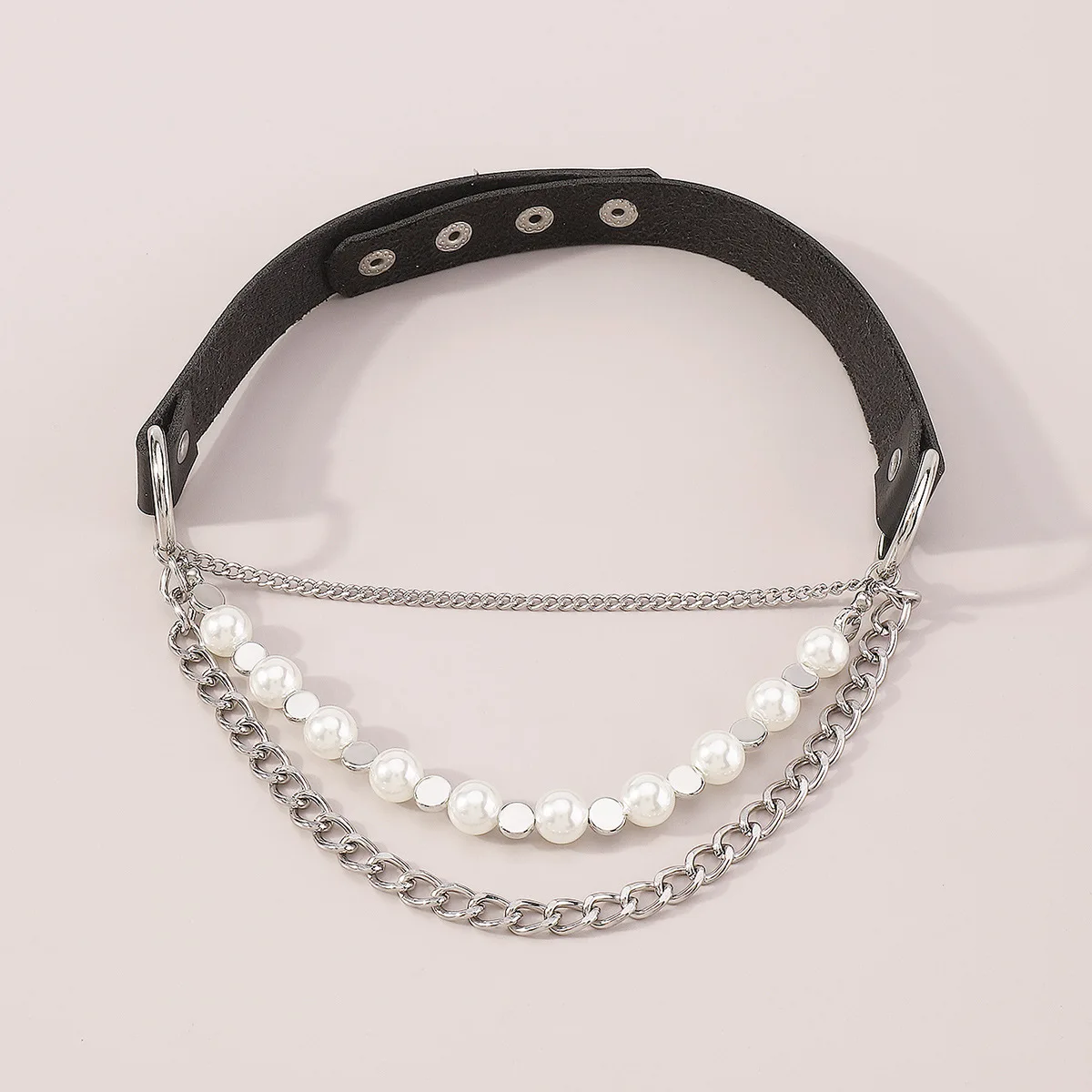 Irregular Choker Neckchain PU Leather Imitation Pearl Chain Multi element Exaggerated Necklace