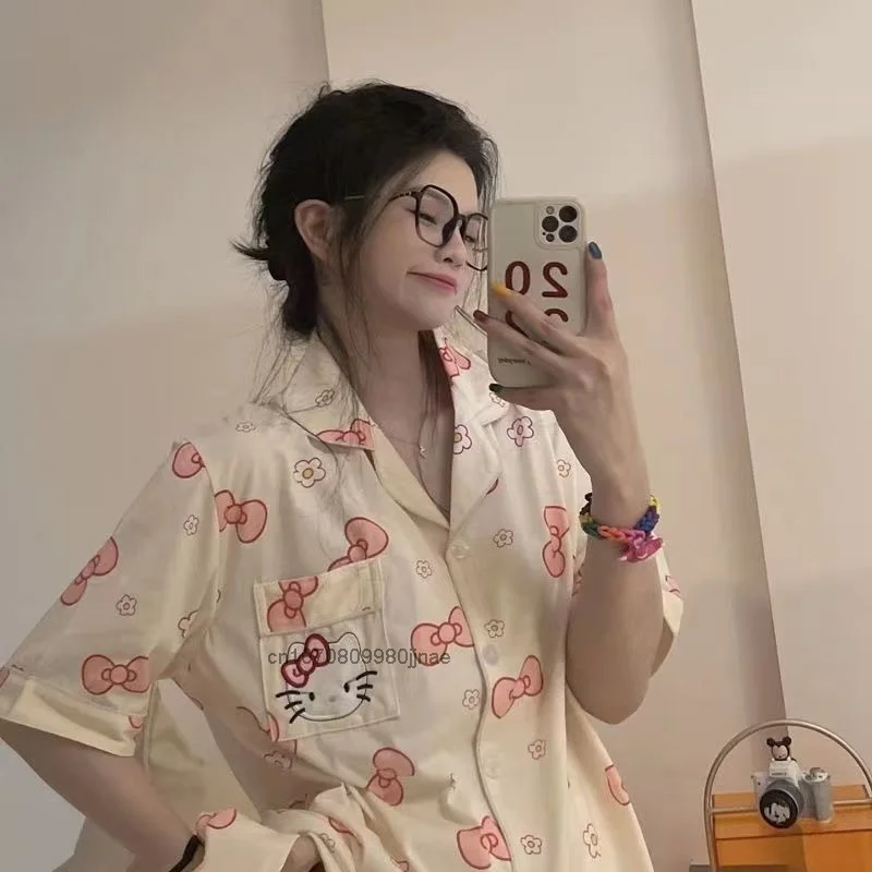 Summer New Hello Kitty Pajamas Women Short Sleeved Shirt And Shorts Kawaii Casual Matching Female Fashion Tracksuit Korean Style