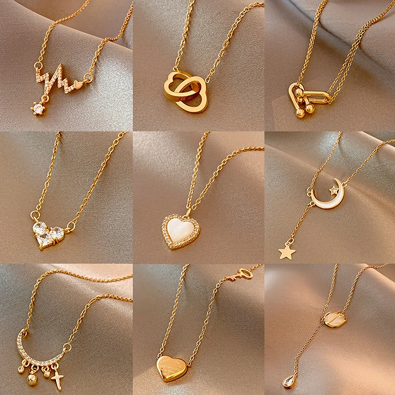 

Fashion Titanium Steel Double Layer Clavicle Chain Round Shiny Full Zircon Pendant Necklaces Gift For Girl Fine Accessories