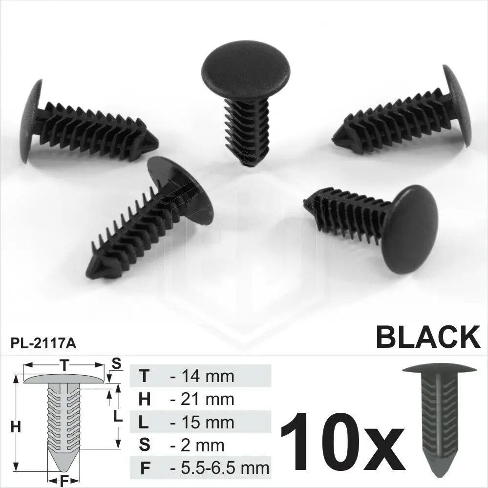 

10 x Black Plastic Fir Tree Trim Clips 6mm Hole 14mm Head Car Van Push In Button