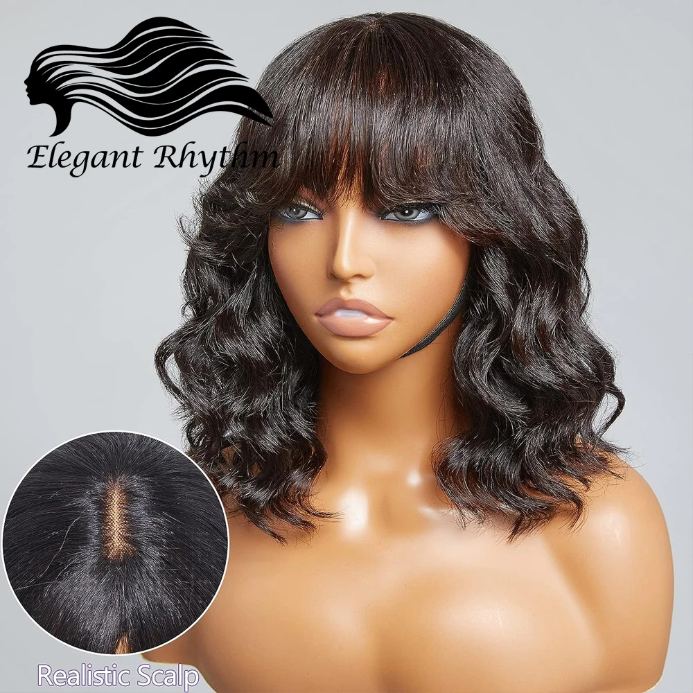 

Glueless Wig Body Wave Lace Wigs with Bangs 180% Density Short Wavy Curls Bob Brazilian Lace Top Human Hair Wigs For Women