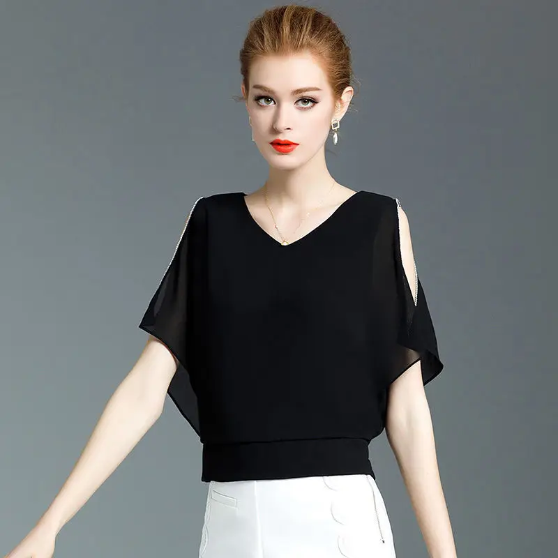 Модная шифоновая рубашка женская с короткими рукавами супер фея черная рукав