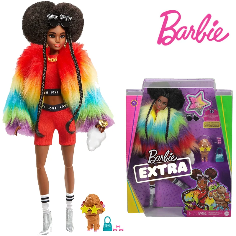 

Barbie GVR04 Extra Doll #1 In Furry Rainbow Jacket With Poodle Brunette Afro-Smoke Clouds Dolls Fashion Toy Girls Birthday Gift