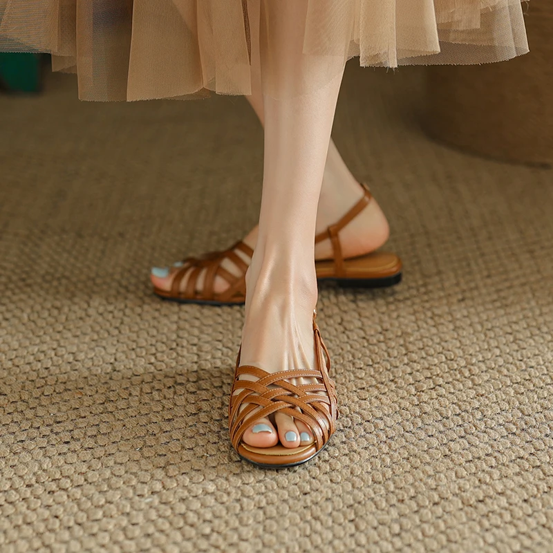 Gladiator Sandal Roman Style Summer Womens' Flats Cowhide Lady Sandals Female Retro Casual Flats Buckle Strap Vintage Flat Shoes