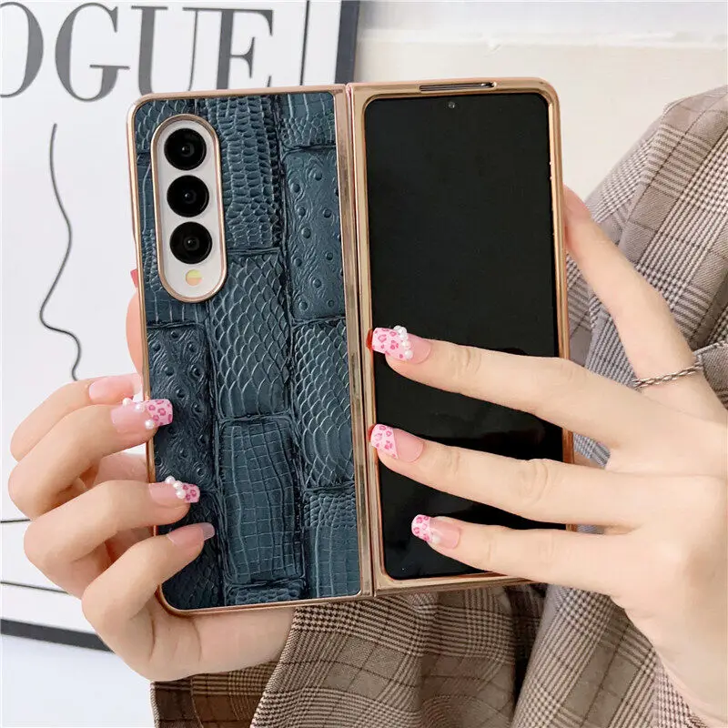 Genuine Cowhide Leather Retro Case for Samsung Galaxy Z Fold 4 Fold4 Glossy Frame Vintage Crcodile Ostrich Grain Splicing Cover