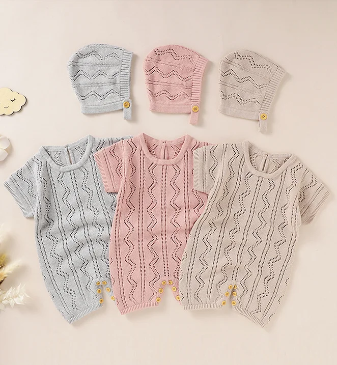 

Newborn Baby Rompers Clothes 0-18M Wool Knitted Toddler & Infant Solid Jumpsuits + Hats Children's Summer Outwear Outfits Sets