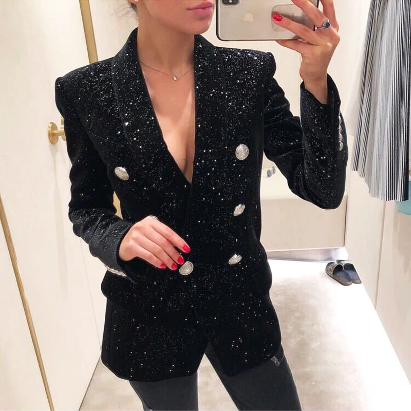 High Quality 2022 Early Spring New Wild Velvet Slim Long-sleeved Suit Luxury Starry Sky Shiny Black Small Suit Jacket Female
