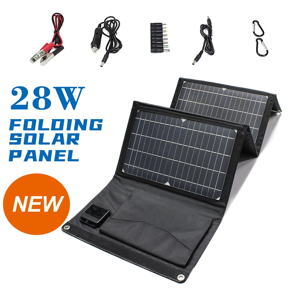 

Портативная солнечная панель, улучшенное зарядное устройство с двойным USB портом, 28 Вт, 21 Вт, 14 Вт, 5 В, 18 В постоянного тока, складная солнечна...