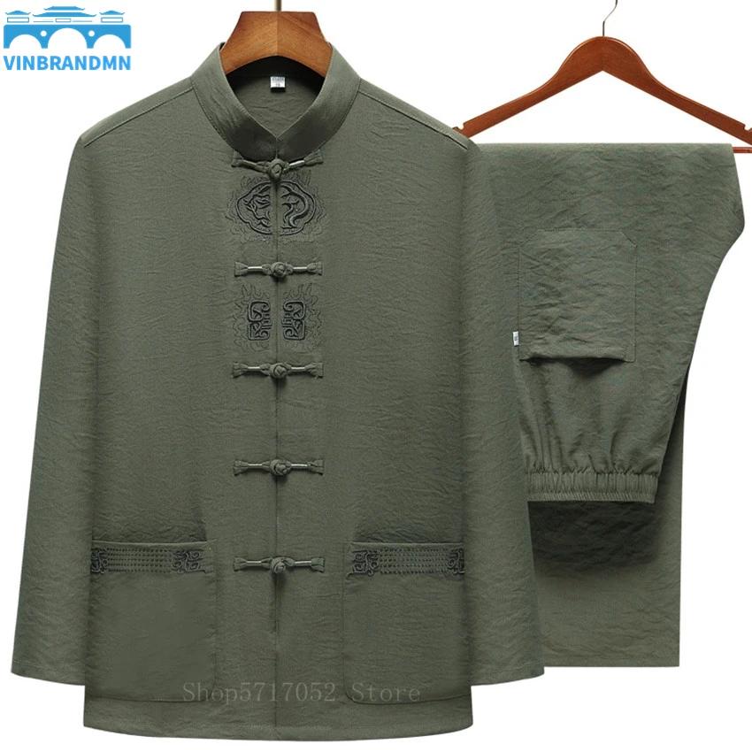 

Мужская хлопковая льняная одежда Wu Shu традиционная китайская Ретро рубашка Hanfu с вышивкой и длинными рукавами длинные брюки костюм кунг-фу тайчи