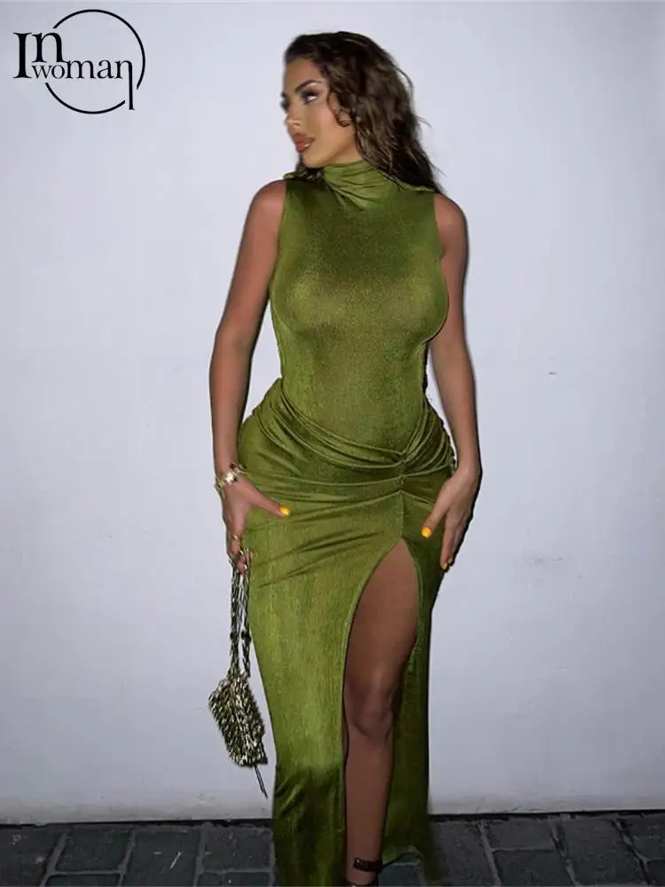 

Inwoman Summer Turtleneck Folds Green Maxi Dress Slit Sexy Club Outfits For Women 2022 Sleeveless Bodycon Party Long Dresses