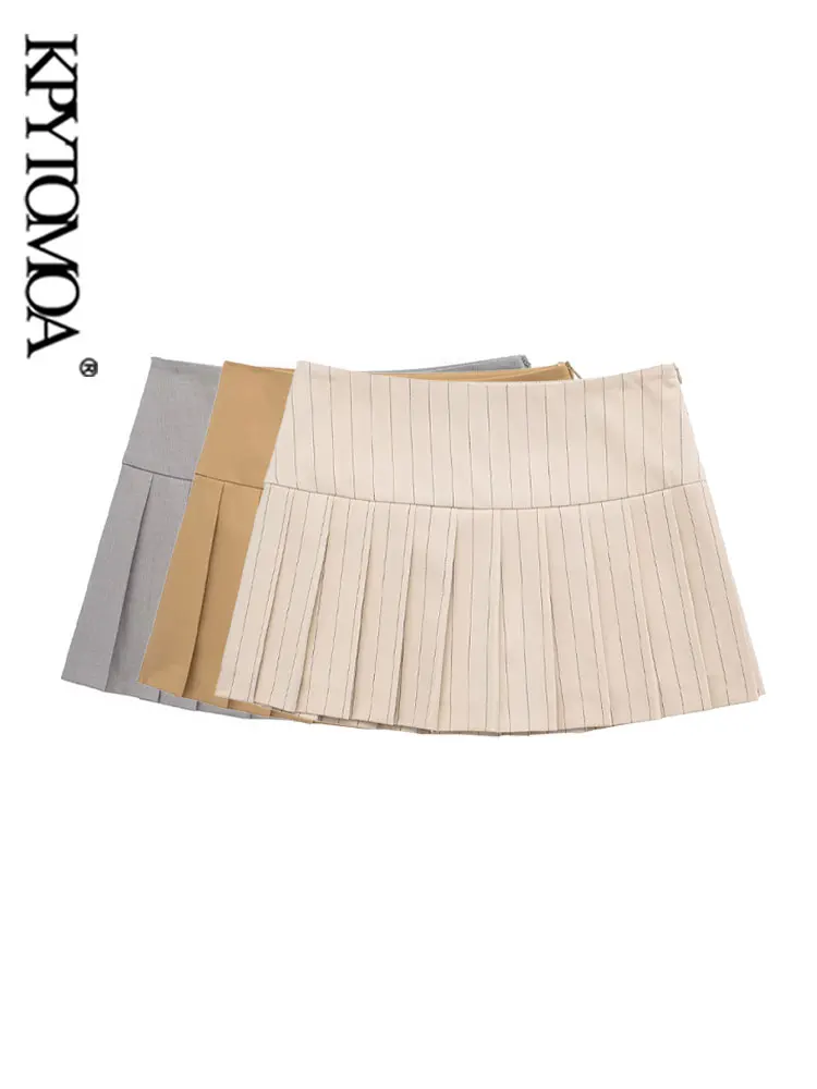 

KPYTOMOA Women Fashion Pinstripe Pleated Shorts Skirts Vintage High Waist Side Zipper Female Skort Mujer
