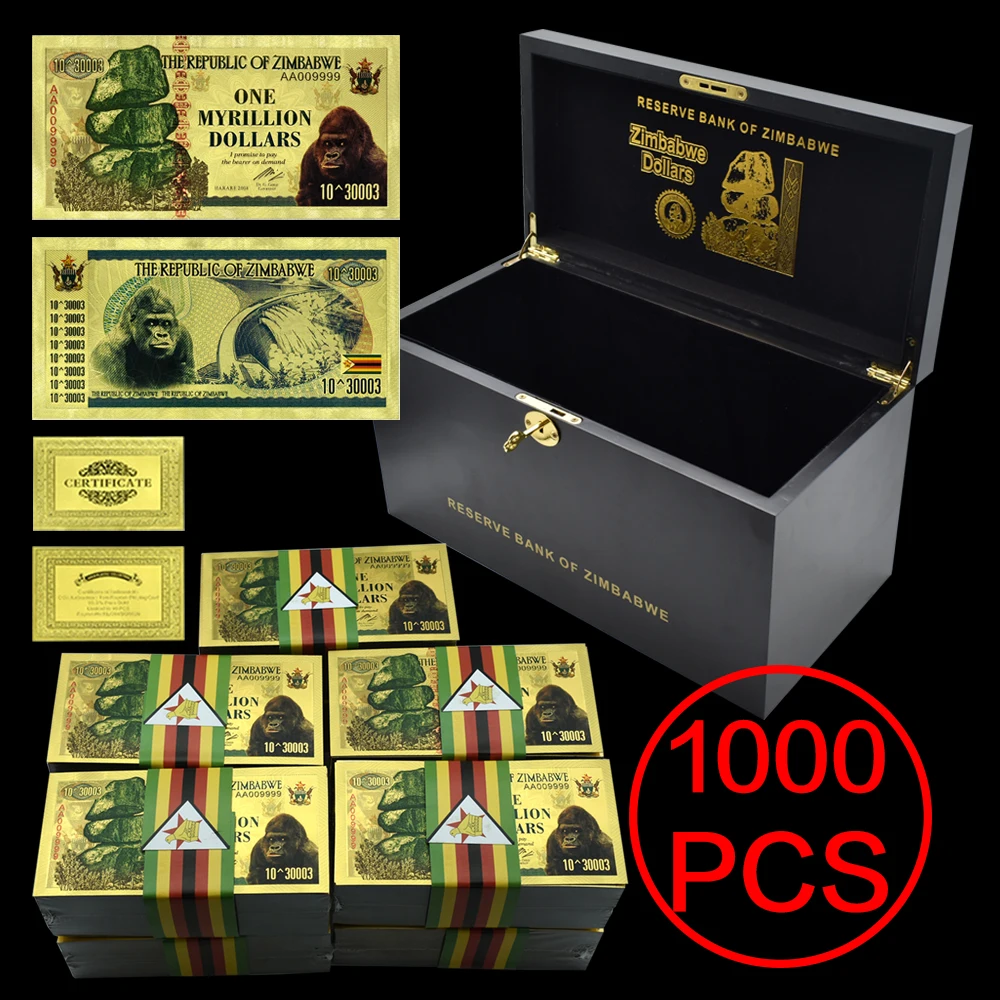 

1000pcs/box Collection Gifts One Myrillion Dollars Zimbabwe Gold Banknotes Commemorative Africa Fake Money Home Decor