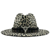 flat brim wool felt fedora hats for women winter unisex panama leopard print hats grain leather band decor trilby party hat men