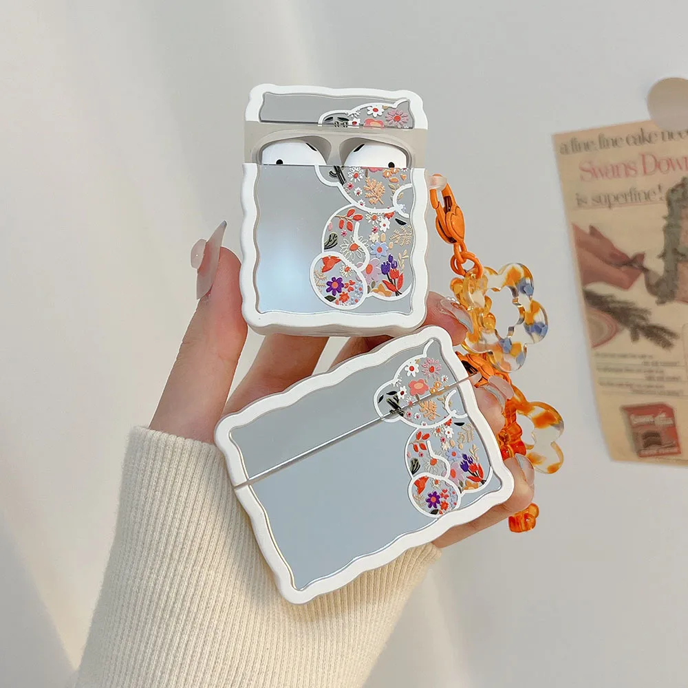 

Cute Mirror Bear Flower Case for AirPods 1 2 Pro 3 Wavy Curved Retro Floral Keychain Bracelet Earphone Cover For Air Pods 2 3