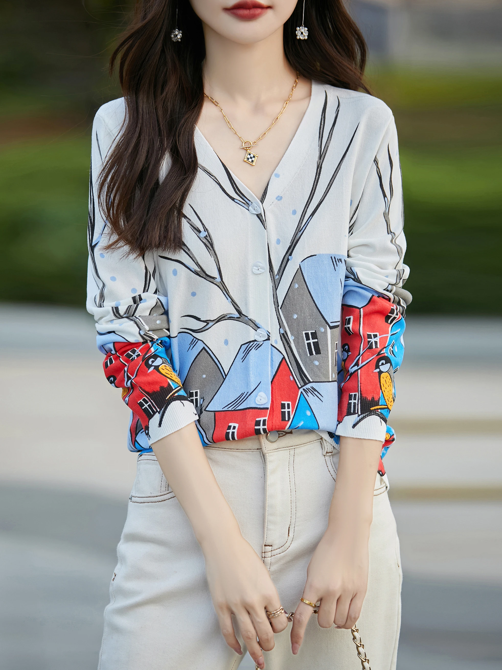 Женский трикотажный кардиган с длинным рукавом и V-образным вырезом