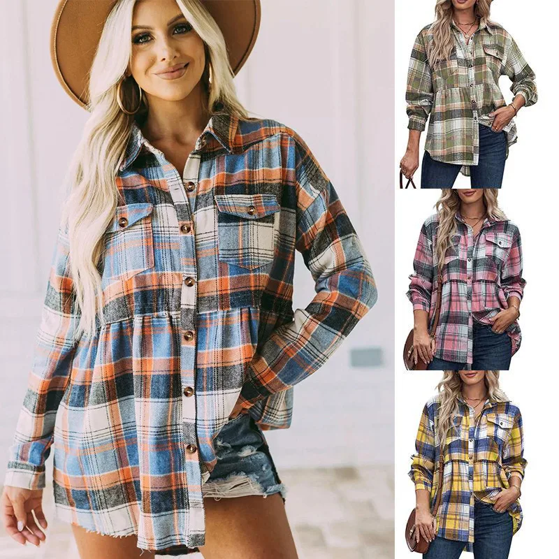 

2023 Cross-border Women's Top Autumn and Winter Lapel Long-sleeved Pocket Casual European and American Plaid Shirt