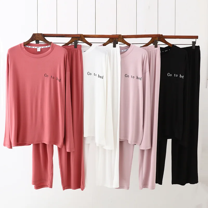 

Women Pajamas Suit Pyjamas Conjuntos De Pijama Letter Print Long Sleeve Home Wear Modal PLUS SIZE Loose Casual Sleeping Suits