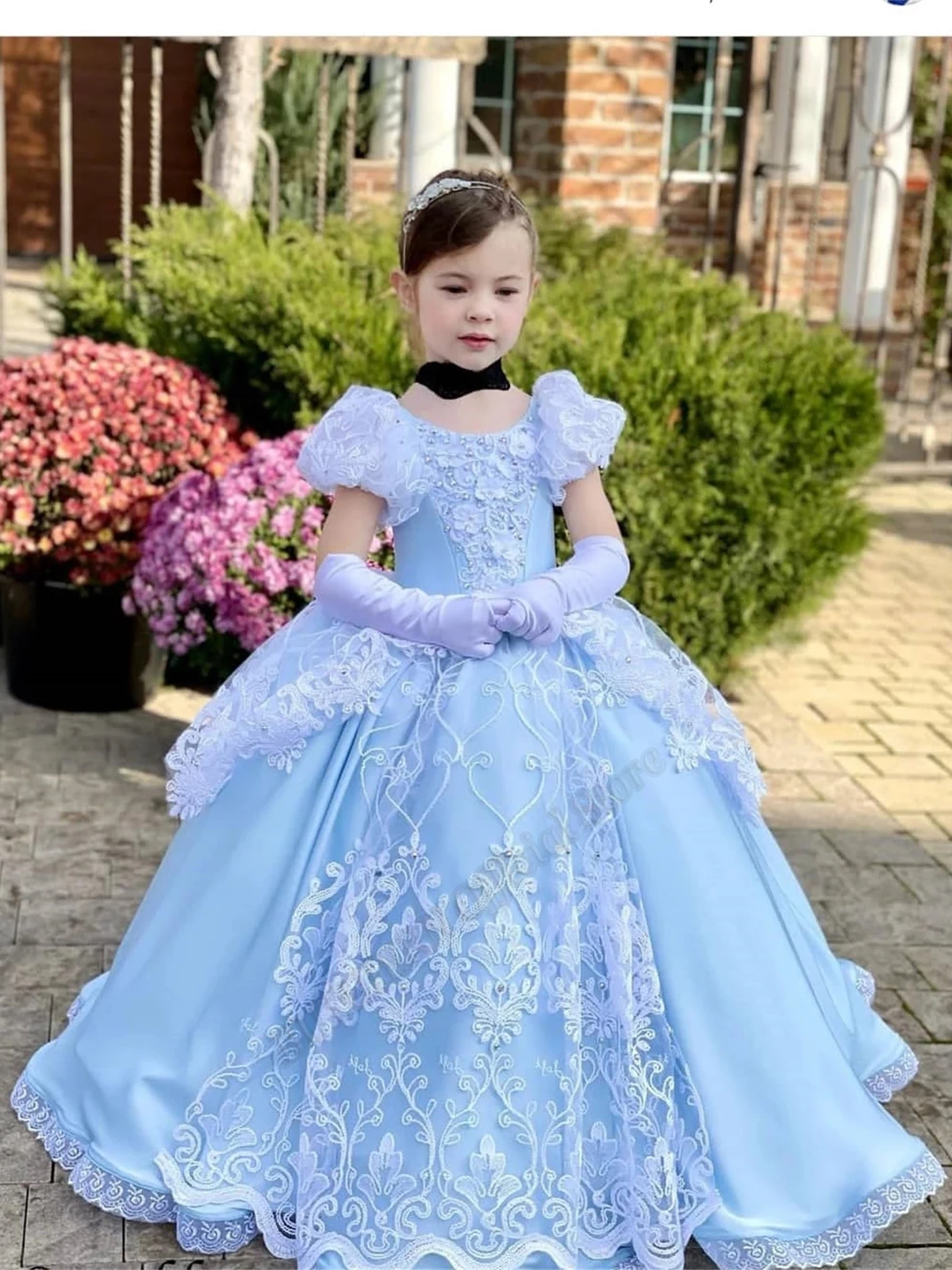 

Light Blue Appliques Pincess Flower Girl Dresses Ball Gown Baby Girls Couture Birthday Wedding Party Dresses Costumes Customised