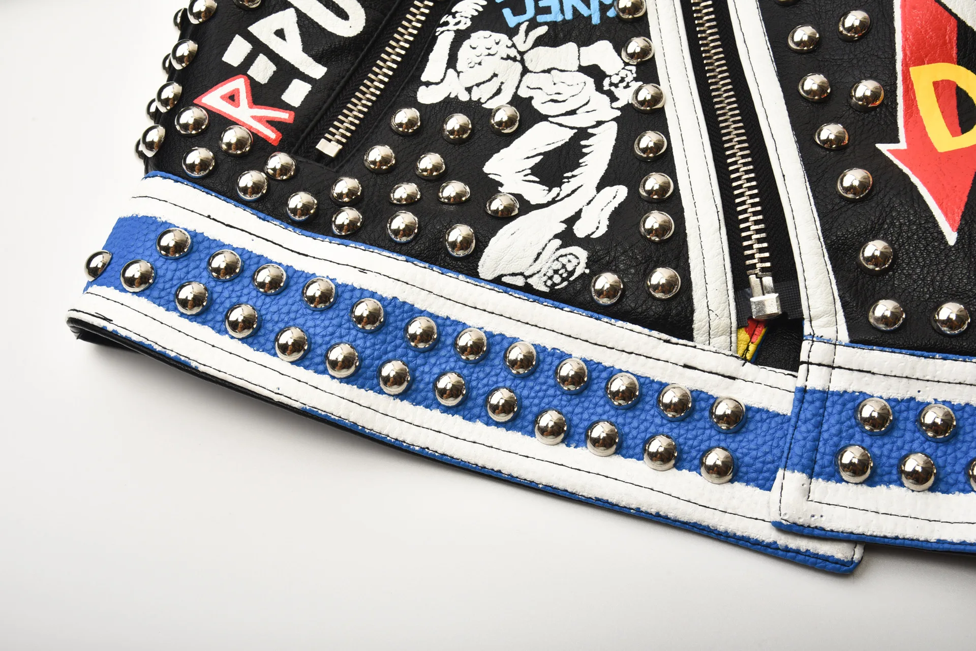 Ladies spring and autumn new hot-selling street fashion letter graffiti hit color rivet punk leather jacket women's jacket