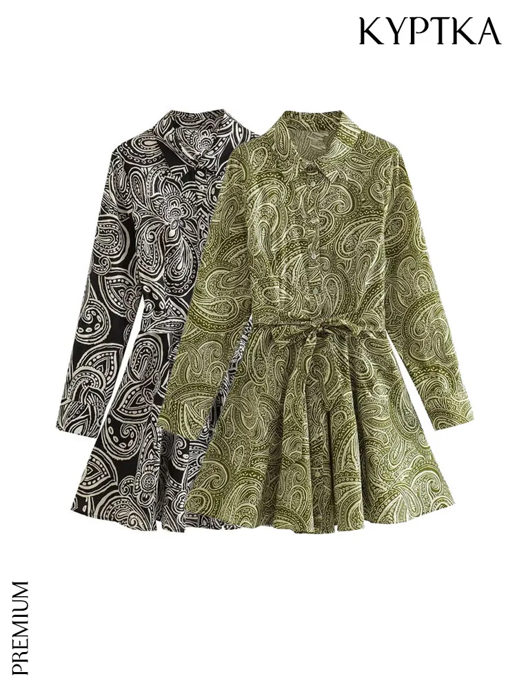 

KYPTKA Women Fashion With Belt Paisley Print Mini Dress Vintage Long Sleeve Front Button Female Dresses Vestidos Mujer