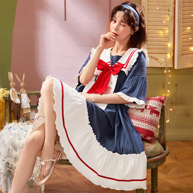 

Princess Navy Lapel Summer Pijamas Set Women Crew Neck Knitted Cotton Girls Sleepwear Pajamas Set Chic Short Dress