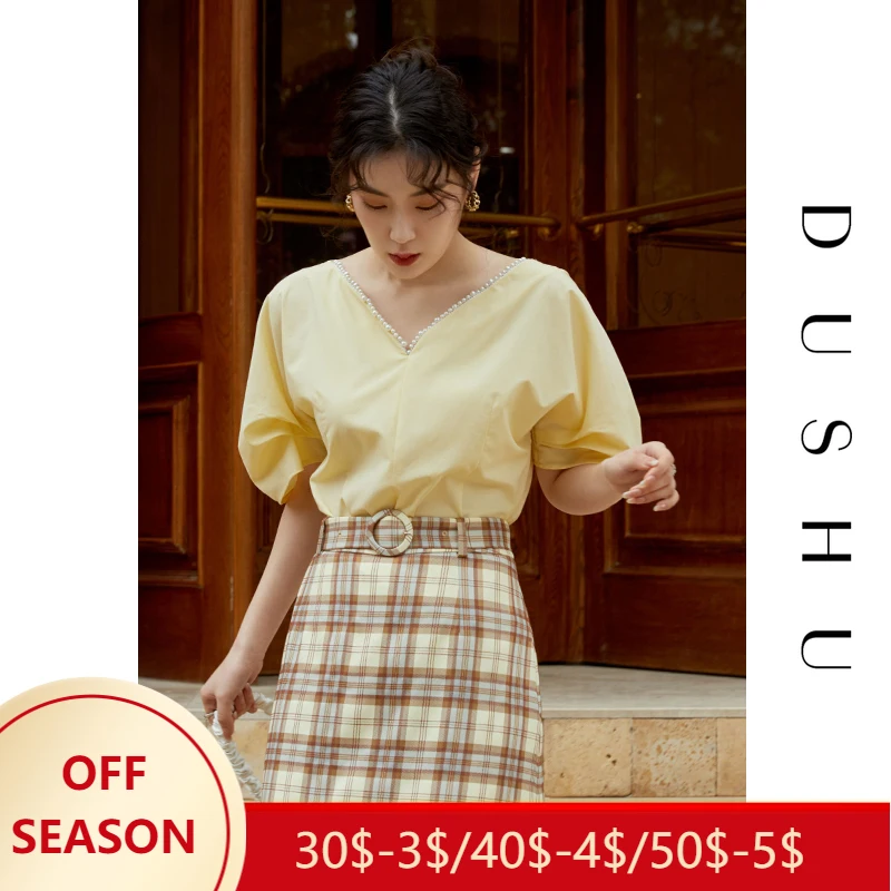 

Женская шифоновая рубашка DUSHU, желтая Свободная рубашка с V-образным вырезом и пышными рукавами, лето 2021